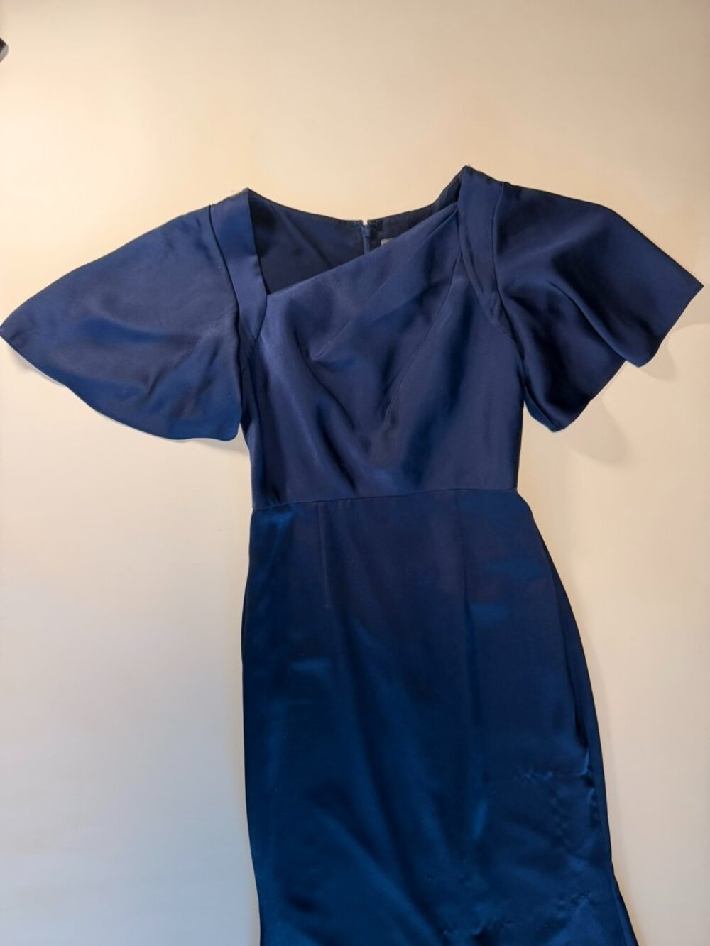Vince Camuto Navy Satin Asymmetric Flutter Sleeve Sheath Dress Sz 4